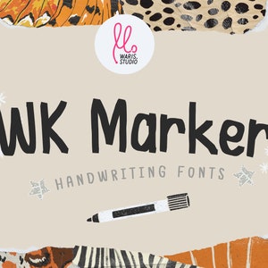Può includere: Un design grafico per un font chiamato "WK Marker" con un pennarello bianco su uno sfondo di carta strappata con motivi di stampa animalier. Il testo "HANDWRITING FONTS" è incluso.