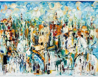 Binyamin Basteker, "Jerusalem, the Joyful City" – Jerusalem Wall Art, Jewish Art, Judaica Canvas Print