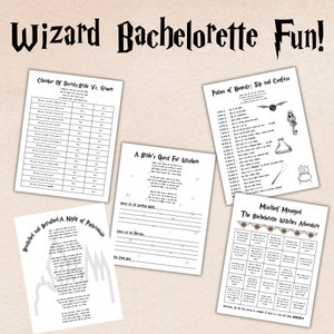 May include: A set of printable games and activities themed around the Harry Potter universe, perfect for a bachelorette party. The games include "Chamber of Secrets: Bride vs. Groom", "Potion of Honesty: Sip and Confess", "A Bride's Quest for Wisdom", "Bewitched and Betrothed: A Night of Pottermania", and "Mischief Managed: The Bachelorette Witches Adventure".