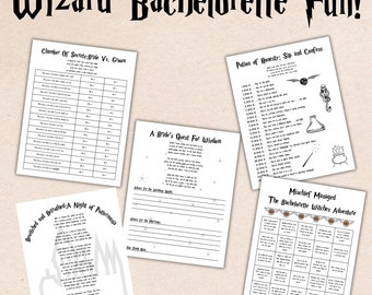 May include: A set of printable games and activities themed around the Harry Potter universe, perfect for a bachelorette party. The games include "Chamber of Secrets: Bride vs. Groom", "Potion of Honesty: Sip and Confess", "A Bride's Quest for Wisdom", "Bewitched and Betrothed: A Night of Pottermania", and "Mischief Managed: The Bachelorette Witches Adventure".