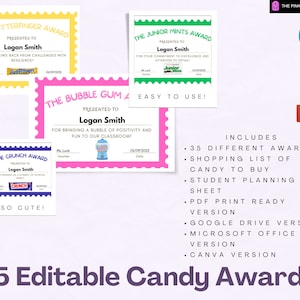Printable Candy Bar Awards for Students - End of Year Class Awards - Editable Classroom Candy Bar Award Certificates