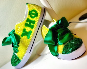 Chi Eta Phi Custom Bling Converse | Sorority Sneakers | Green & Yellow Rhinestone Shoes | Nurse Sorority Gift | Founders Day Shoes | Graduat