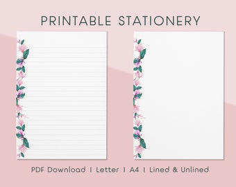 Elegant Pink Floral Print Stationery | Pink Floral & Green Leaf | Letter Writing | Printable Stationery Instant Download | Paper 8.5x11 | A4