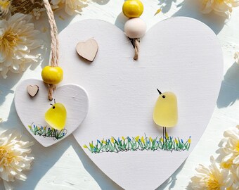 Handmade Sea Glass Chick Decoration, Spring Heart Keepsake, Personalised Gift Tag