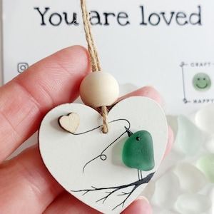 Heartfelt Sea Glass Bird Heart Hug Decoration - Meaningful Gift for Loved Ones