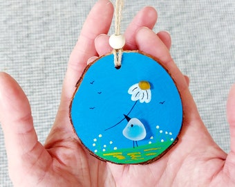 Sea Glass Bird Daisy Hanging Decoration - hand painted natural wooden ornament, Sustainable Gift for mum, sister, thank you gift