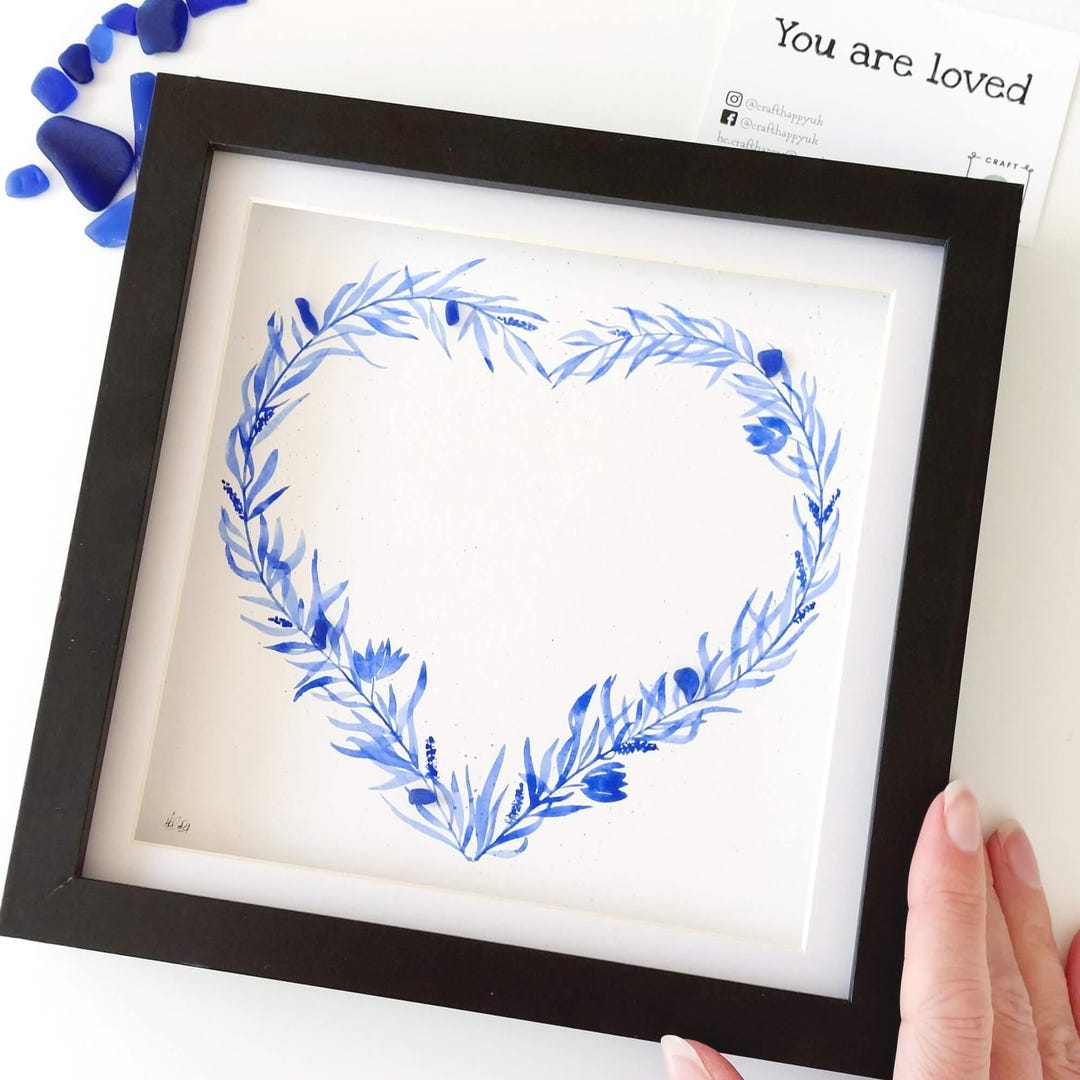 Hand-painted Sea Glass Blue Flowers Heart Artwork in Frame ...