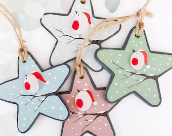 Décorations étoiles en verre de mer avec bonnet de Noel en ardoise - Décorations de plage en verre pour sapin de Noël