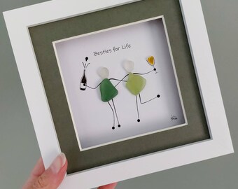 Personalised Friends Sea Glass Gift for Besties, Friendship Pebble Art, Sister Gift, Framed Sea Glass Art, Best Friends, Distance Friendship