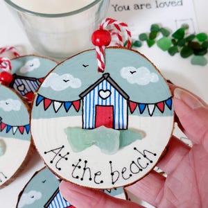 Beach Hut Hanging Decoration - Hand Painted Sea Glass on Wood Slice
