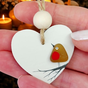 Sea Glass Robin Hanging Ornament: Handmade Heart Decoration