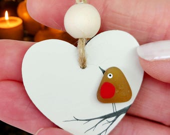 Sea Glass Robin Hanging Ornament: Handmade Heart Decoration