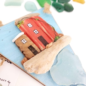 Hand Painted Driftwood Red Miniature Cottage - Coastal Beach Finds Decor