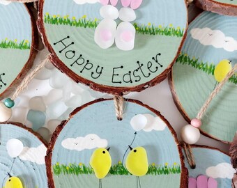 Set de décoration cadeau de Pâques - Verre de mer, lapins en bois et poussins jaunes