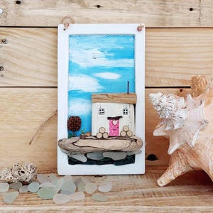 Driftwood Miniature Cottage with Sea Glass and Beach Finds - Coastal Decor, Housewarming, Rustic Wall Art