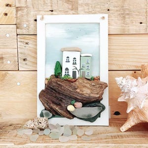 Miniature Driftwood Cottages in Hand Painted Frame - Coastal Home Decor