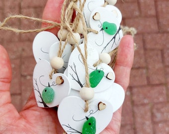 Sea Glass Bird with a Heart Decoration - Friendship Gift - Cute Beach Glass Hanging Ornament on a Mini Wooden Heart, Gift Tag