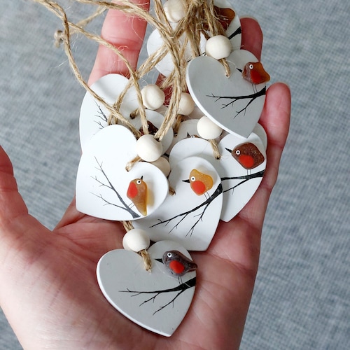 Sea Glass Robin Heart Decoration - Beach Glass Hanging Ornament on a Mini Wooden Heart, Gift Tag Idea, Sentimental Gift, Bereavement Gift