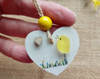 Sea Glass Spring Bird Heart Decoration - Hand Painted Yellow Chick Hanging Ornament on a Mini Wooden Heart, Gift Tag Idea