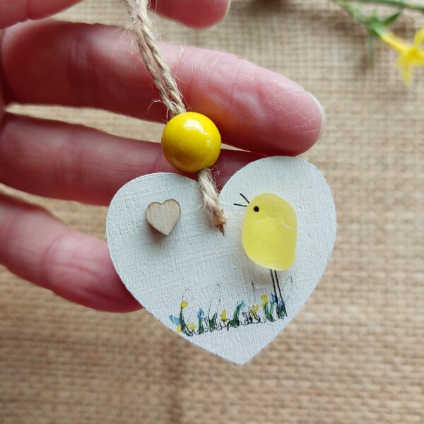 Sea Glass Spring Bird Heart Decoration - Hand Painted Yellow Chick Hanging Ornament on a Mini Wooden Heart, Gift Tag Idea