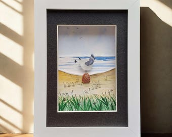 Hand Painted Seagull Art, Coastal Decor, Sea Glass Seagull Picture, Ocean Lover Gift