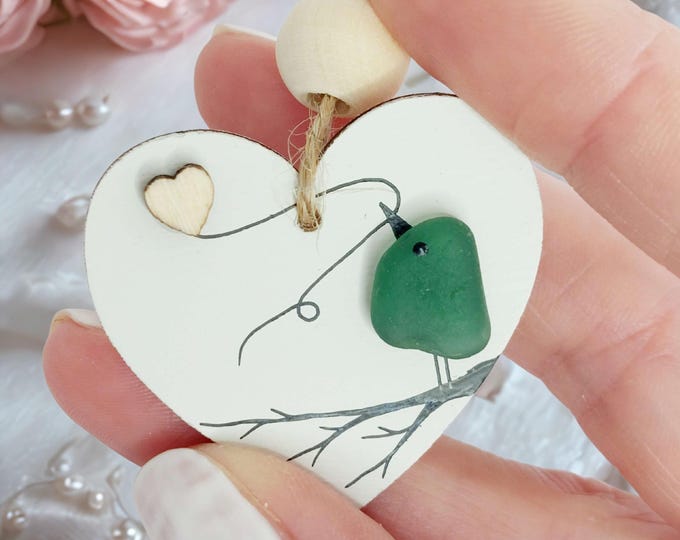 Heartfelt Sea Glass Bird Heart Decoration - Meaningful Gift for Loved Ones