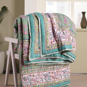 Pink Block Printed Cotton Quilt | Reversible Floral Blanket | Soft Summer Quilt | Jaipuri Bedspread | Indian King Blanket | All Season Quilt