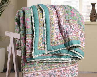 Hand Block Printed Cotton Quilt: Reversible Floral Jaipuri Bedspread