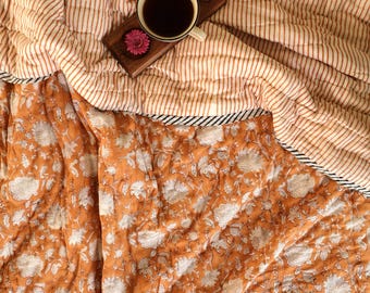 Brown Floral Indian Quilt: 100% Cotton Hand Block Print Bedspread