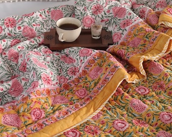 Yellow Floral Hand Block Printed Cotton Quilt: Reversible King Bedspread
