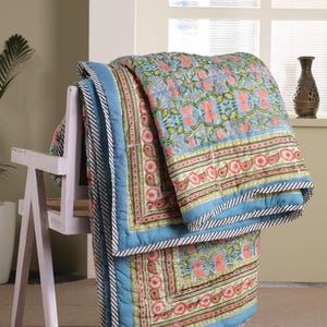 King Block Printed Cotton Quilt: Reversible Floral Jaipuri Bedspread