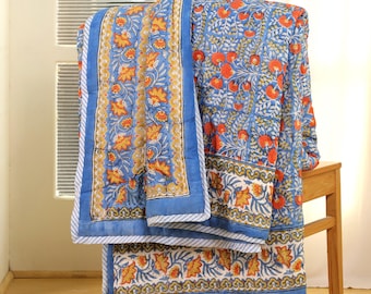 Hand Block Print Cotton Quilt: Indian Floral Bedspread, Reversible