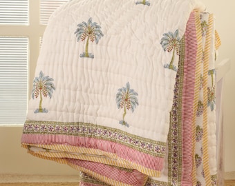 Hand Block Printed Cotton Quilt: Beach Palm Tree Reversible Blanket