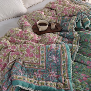 Hand Block Printed Cotton Quilt | Reversible Floral Blanket | Soft Summer Quilt | Jaipuri Bedspread | Pink & Green Quilt | All Season Quilt
