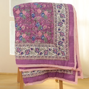Hand Block Printed Purple Rose Cotton Quilt - King Size Reversible Bedspread