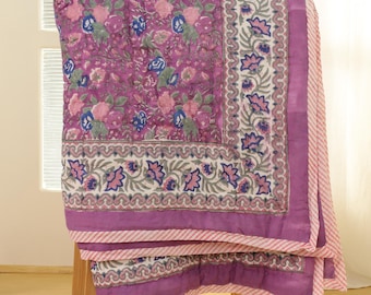 Handblock Gedruckt Lila Rose Baumwoll Quilt - King Size Wendedecke