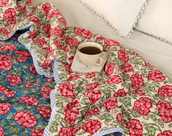 Red Floral Block Print King Quilt: Reversible Cotton Bedspread
