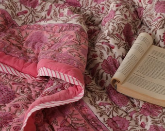 King Floral Hand Block Printed Cotton Quilt: Reversible Jaipuri Bedspread