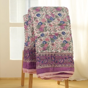 King Purple Rose Floral Quilt: Hand Block Printed Reversible Cotton Bedspread