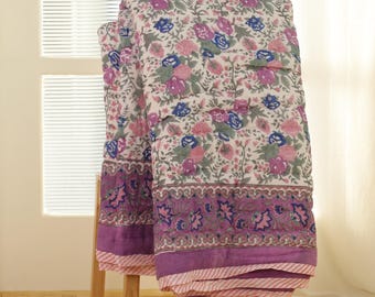 King Purple Rose Floral Quilt: Hand Block Printed Reversible Cotton Bedspread