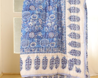 Blue Floral Queen Size Quilt: Hand Printed Reversible Cotton Bedspread