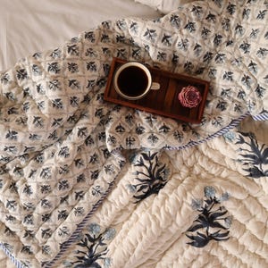 Blue Floral Indian Hand Block Quilt | Cotton Reversible Indian Bedspread | Boho Home Decor | Quilt for Sale | King Quilted Blanket Comforter