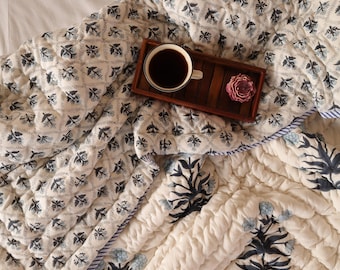 Blue Floral Hand Block Print Cotton Quilt - Reversible Indian Bedspread