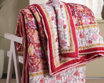Hand Block Printed Cotton Quilt: Reversible Red Floral Bedspread