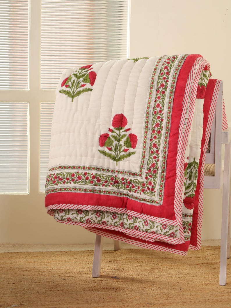 Red Floral Block Print Cotton Quilt - Reversible Indian Bedspread