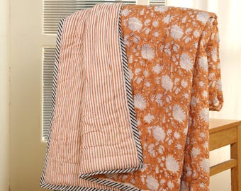 Queen Brown Floral Indian Quilt: Hand Block Print Cotton Bedspread