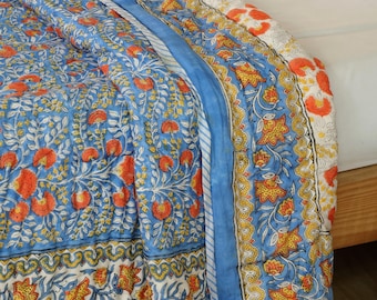 Red Floral Indian Block Print Cotton Quilt - Reversible Boho Bedspread