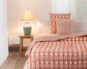 Hand Block Printed Cotton Quilted Bedspread: King Size Boho Floral Comforter