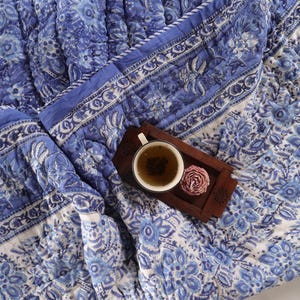 Queen Blue Cotton Hand Block Printed Quilt | Reversible Floral Blanket | Boho Summer Quilt | Jaipuri Bedspread | Indian Coverlet | Blanket
