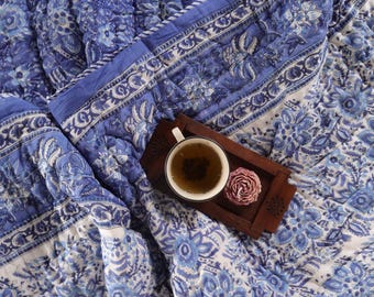 Edredón de algodón con estampado floral azul a mano - Colcha bohemia reversible